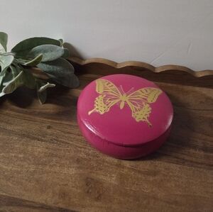 Pink Handpainted Wooden Trinket Or Jewelry Box With Gold Butterfly